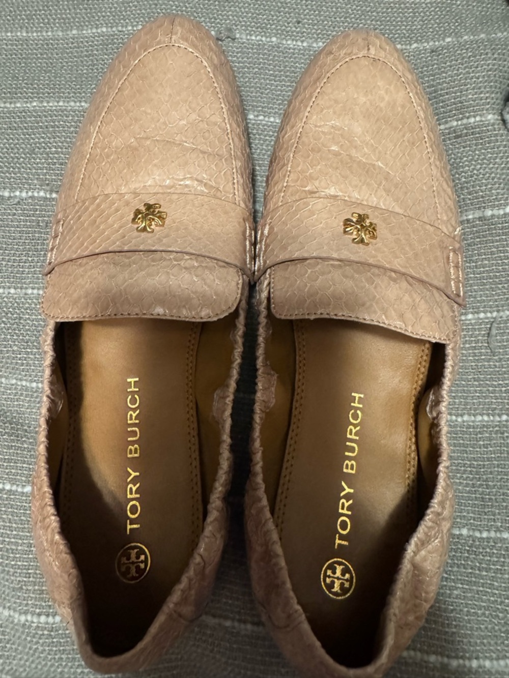 Tory Burch Blush Pink Snake-Embossed Leather Loafers with Gold Logo
